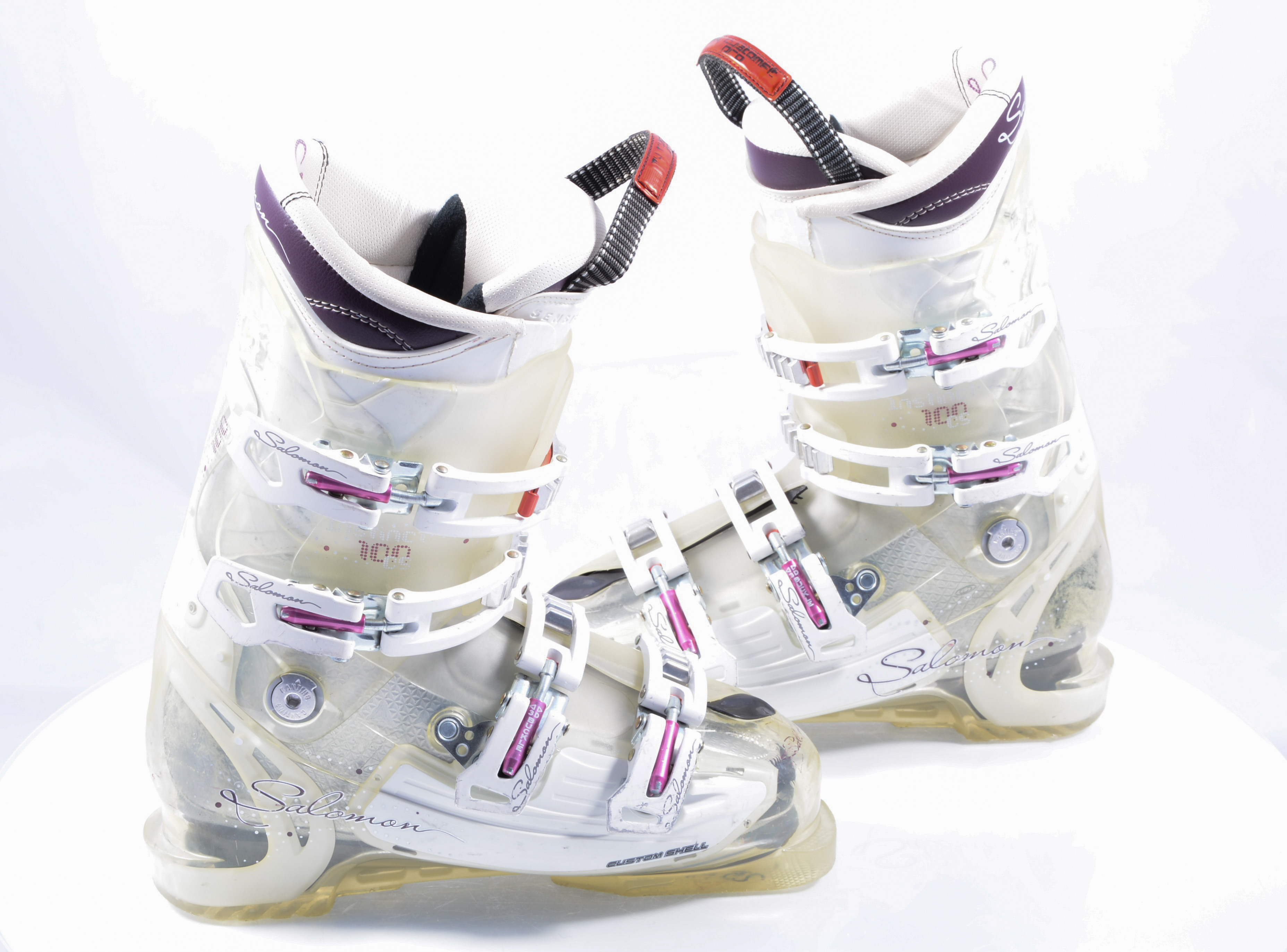 rivaal rivaal Virus women's ski boots SALOMON INSTINCT 100 CS, white, CUSTOM SHELL PRO,  ENERGYZER 100, CANTING ( TOP condition ) - Mardosport.com