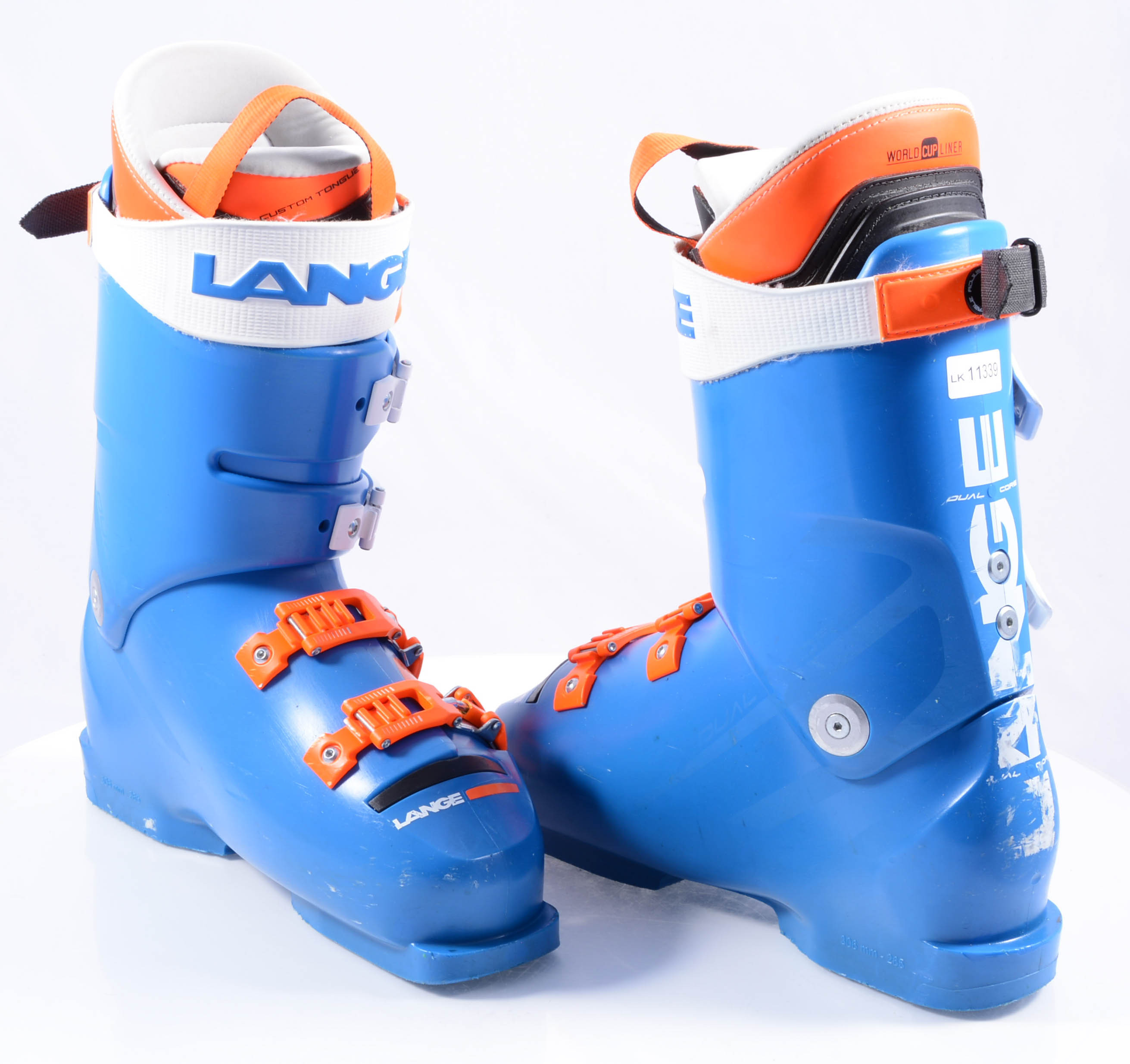 Paar Voetzool uitdrukking skischoenen LANGE RS 130 WIDE 2019, DUAL CORE, PERFORMANCE FIT, RACE LINER,  blue/orange/white ( TOP staat ) - Mardosport.nl